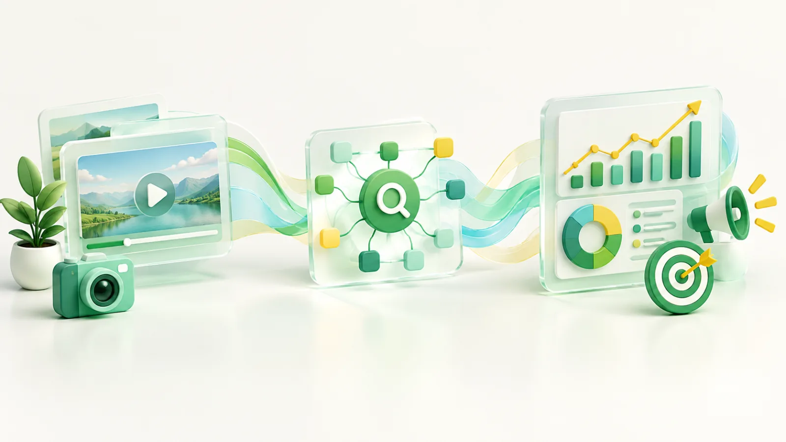Illustration of video, search and analytics cards connected across a workspace