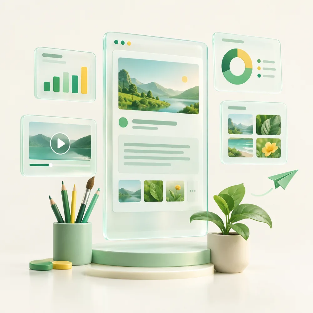 Illustration of floating creative tools, charts and media cards around a content editor