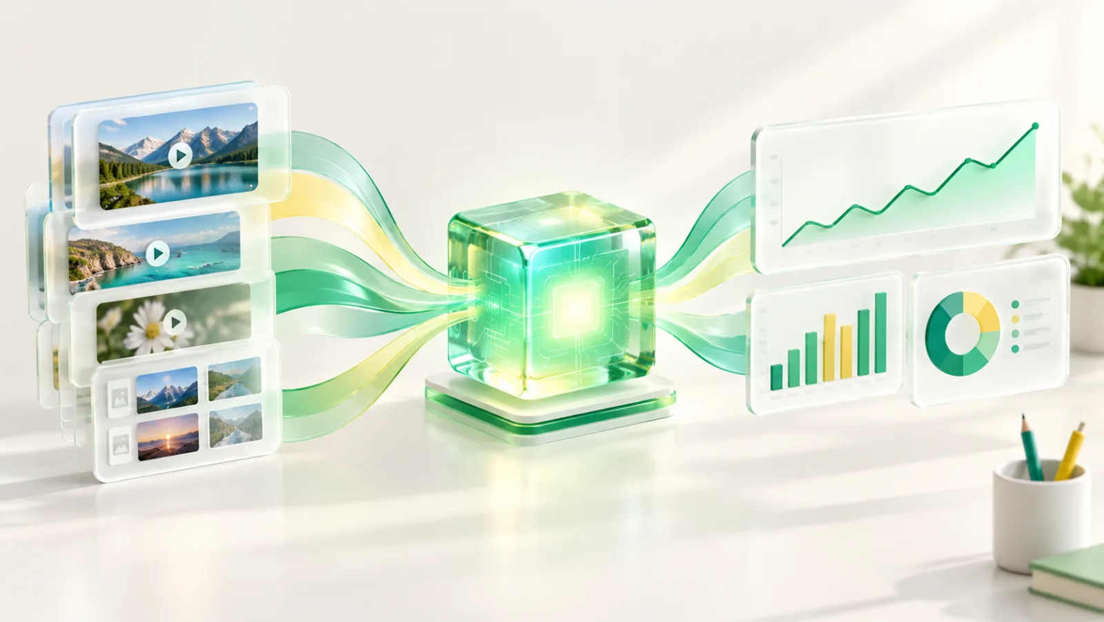 Illustration of video and image cards flowing into an AI core and out to analytics panels