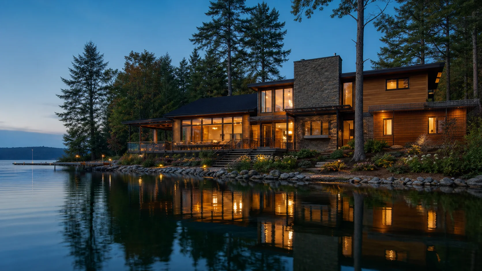 Contemporary lakeside home at golden hour