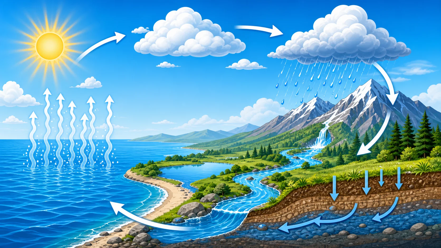 Illustrated water cycle science diagram