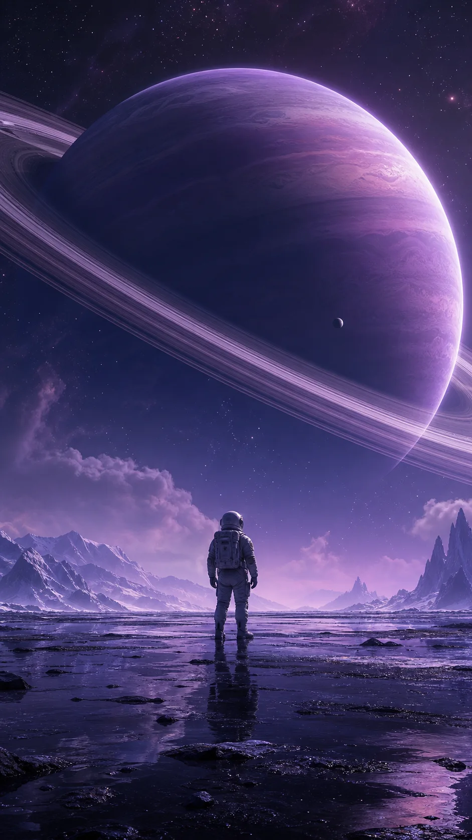 Astronaut beneath a violet ringed planet