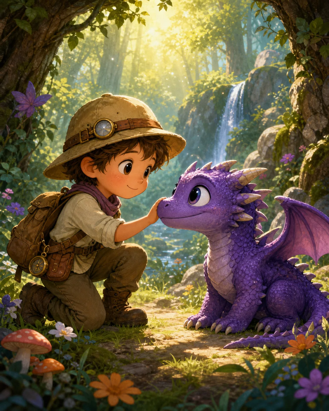 Child explorer meeting a friendly dragon