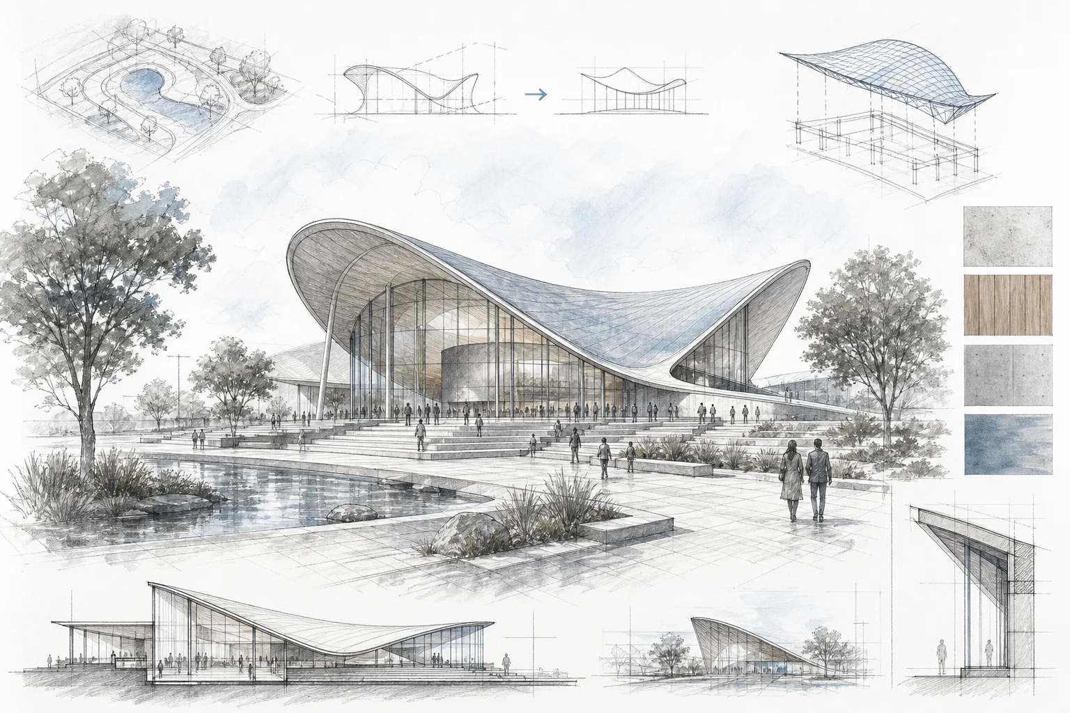Architectural pavilion concept sketch