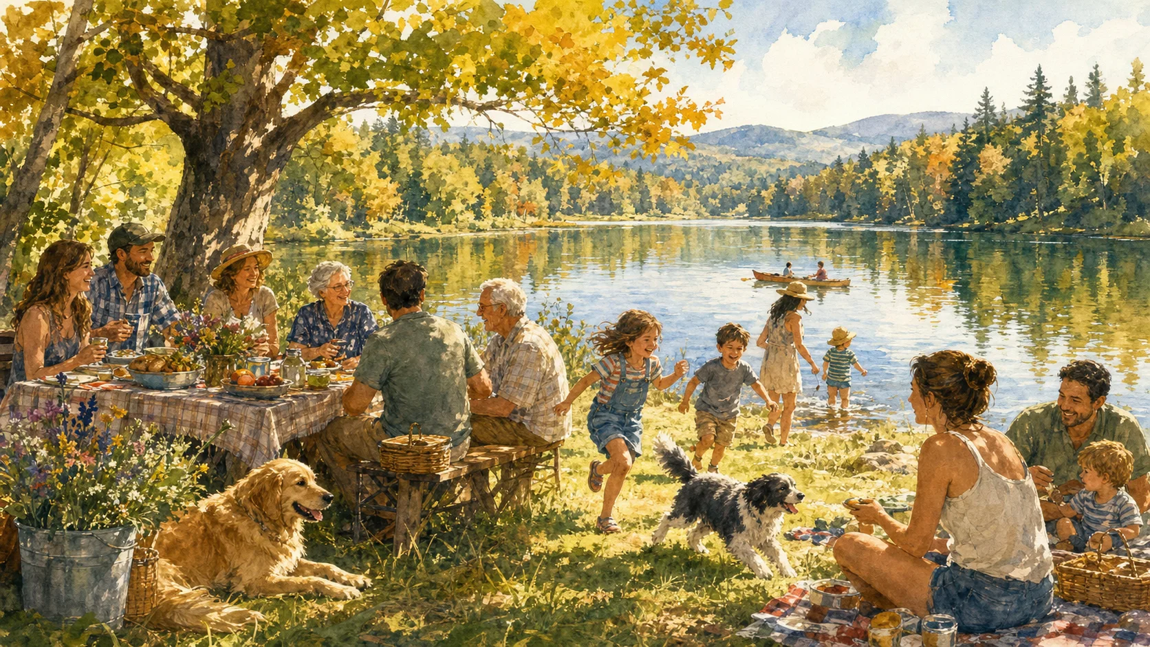 Watercolor family picnic by a lake
