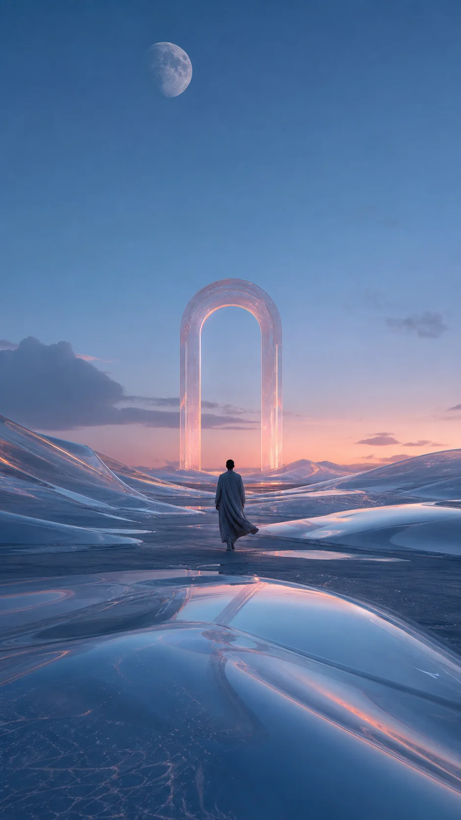 Figure walking through glass desert dunes