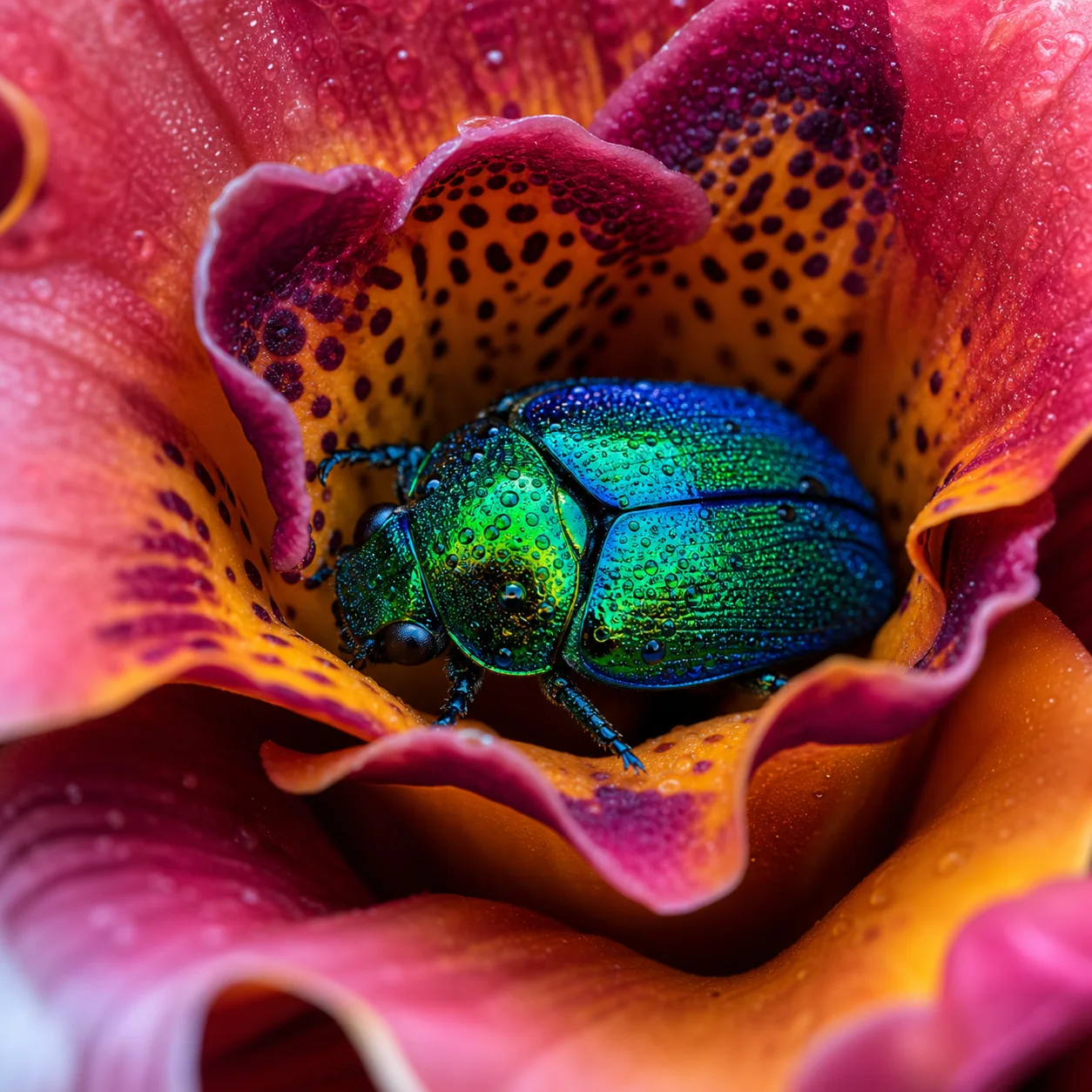 Jewel beetle resting inside a tropical flower