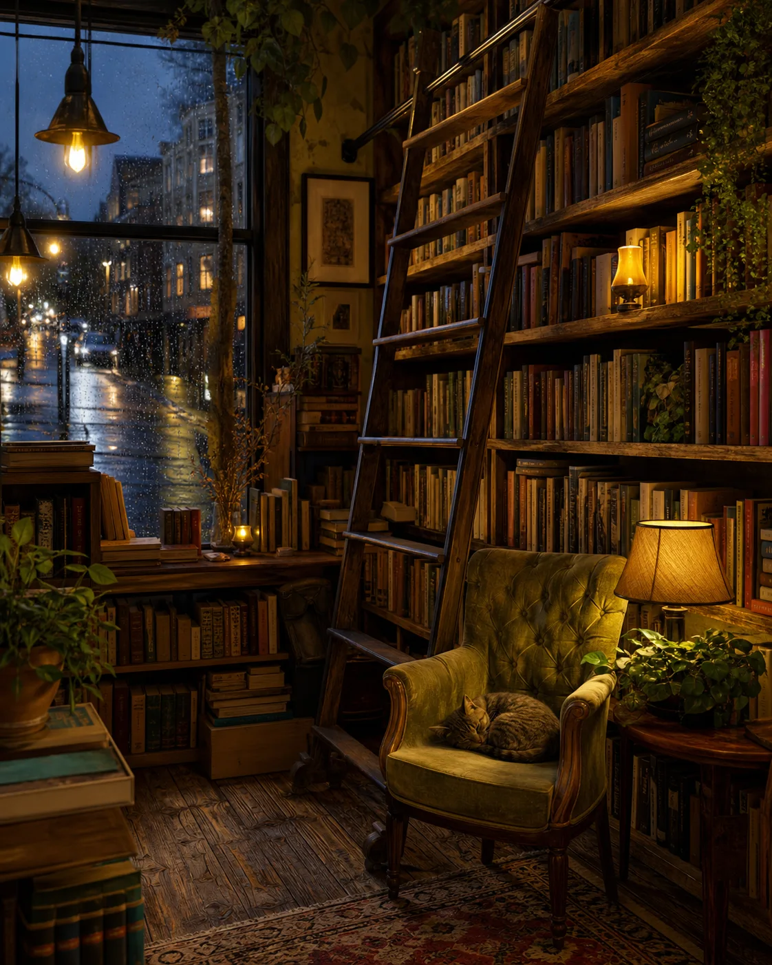 Cozy independent bookshop at dusk