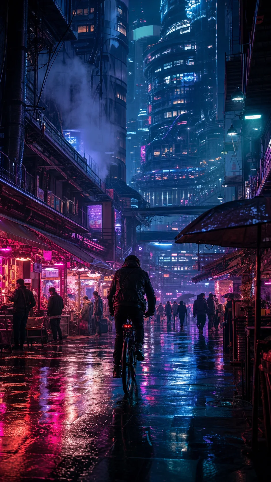 Rainy futuristic city market at night