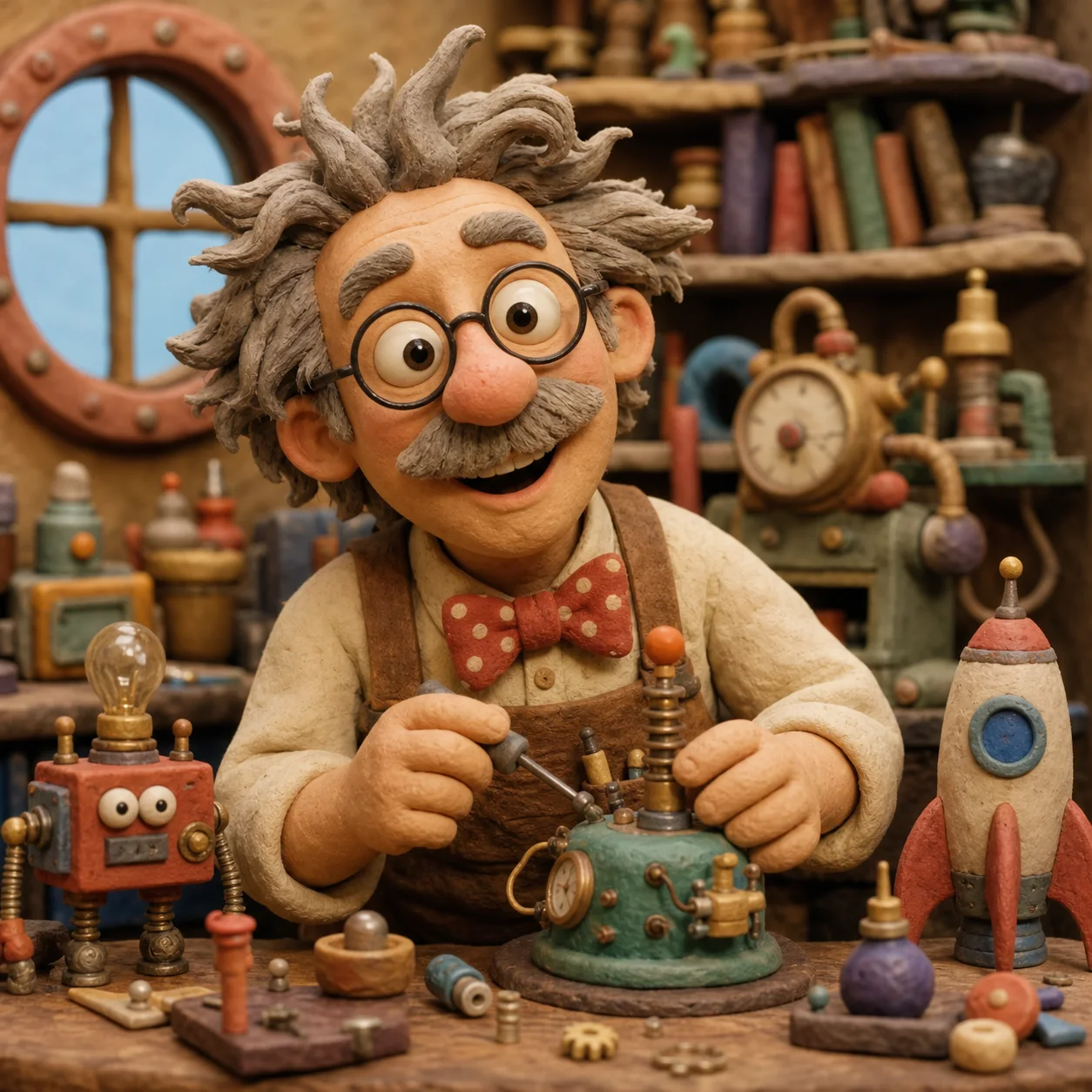 Claymation inventor in a tiny workshop