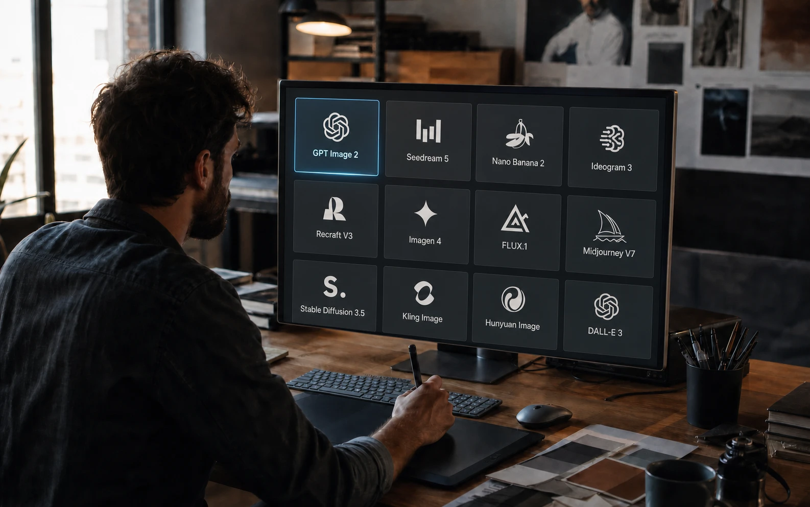 A creative professional reviewing diverse AI image concepts in a studio