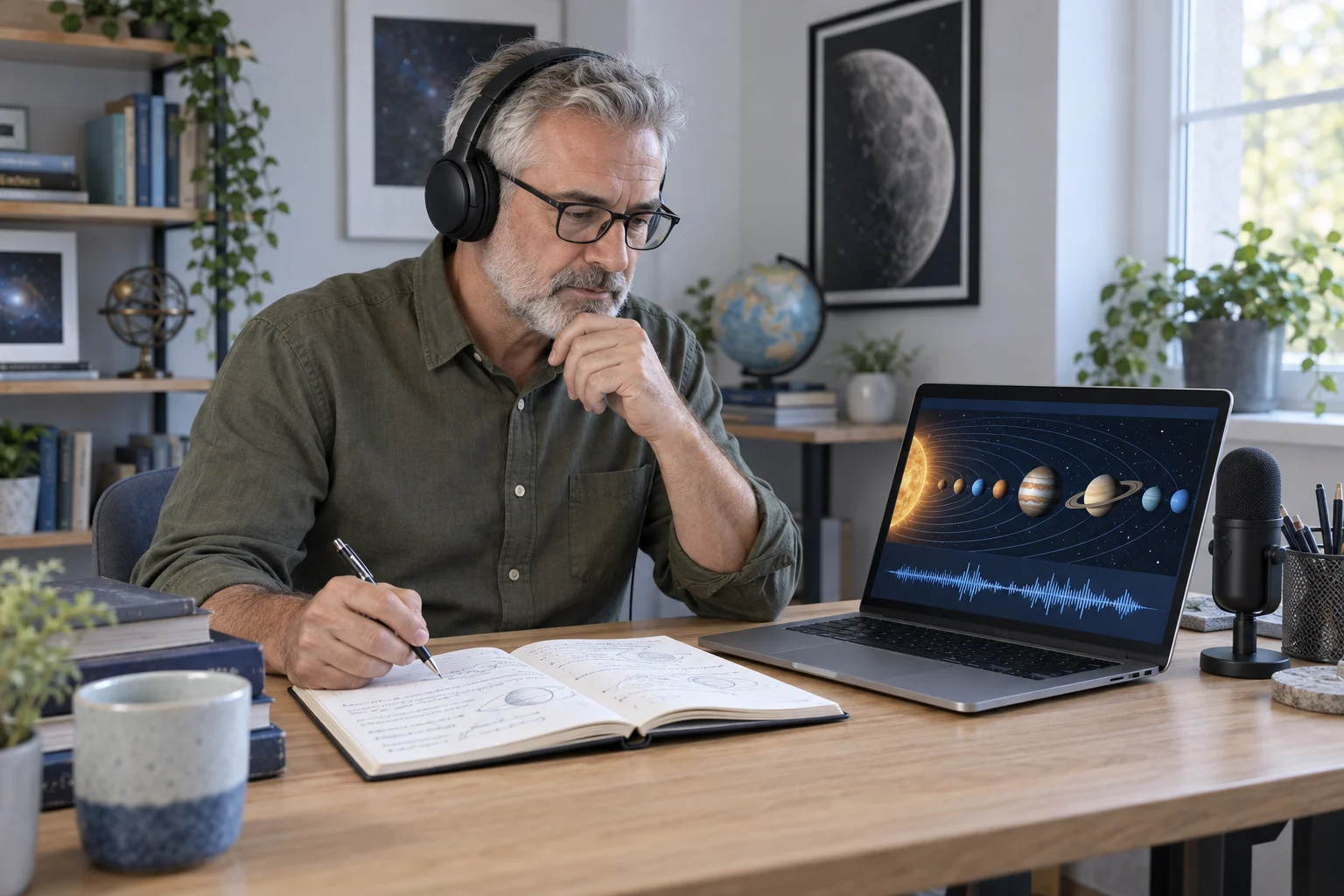 An educator checks lesson notes while listening to a narrated science lesson