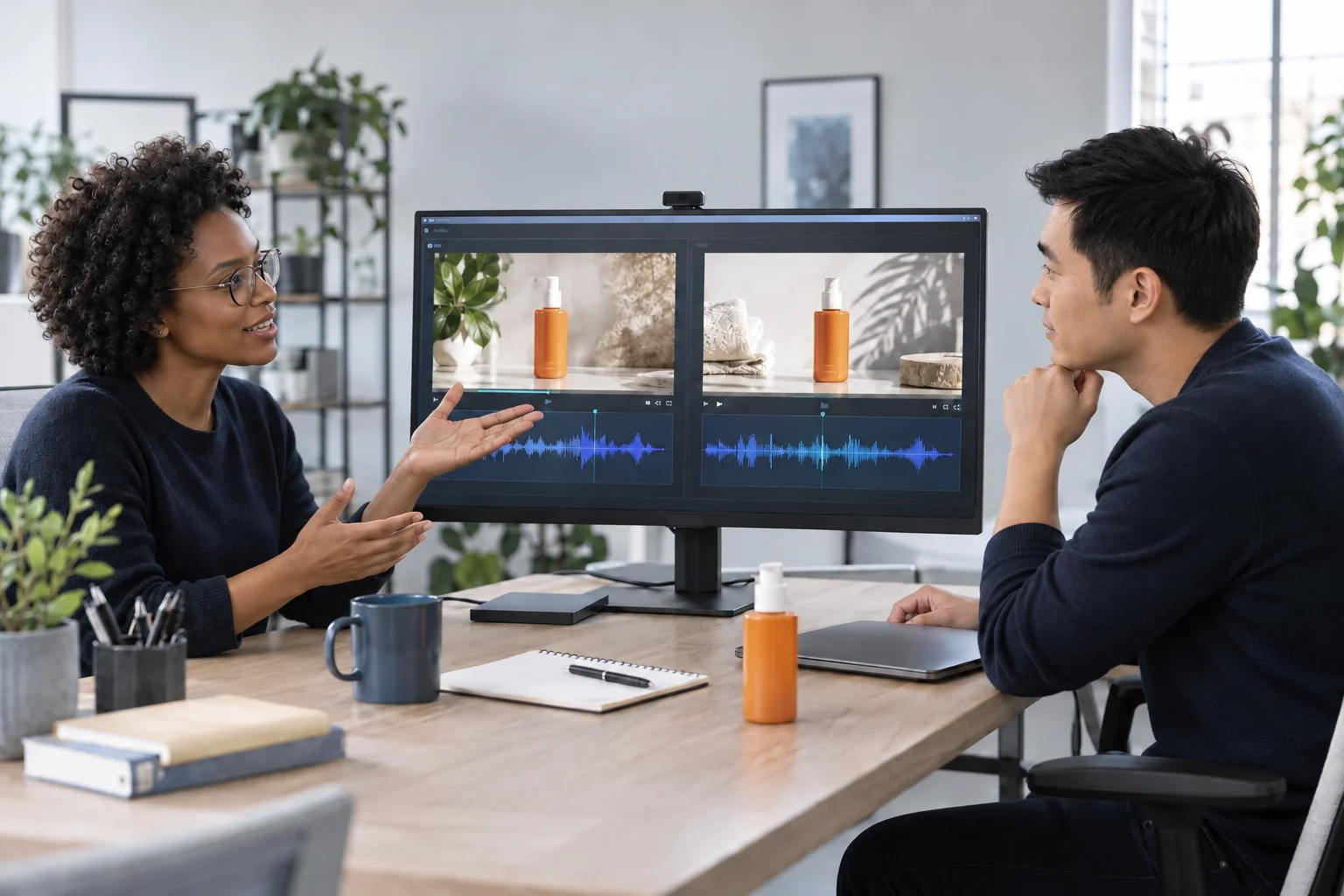 Marketing teammates compare two product-ad versions and their voiceover tracks