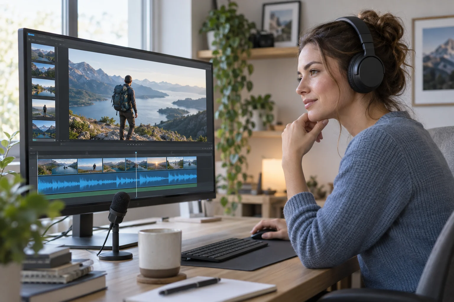 A video creator checks narration against travel footage and its audio timeline