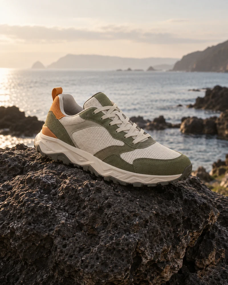 A sneaker in a coastal scene