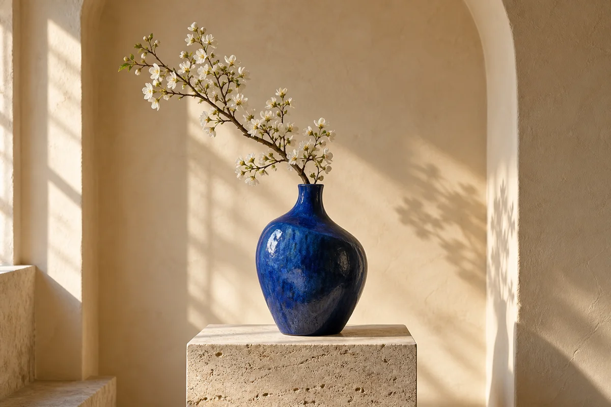 A blue vase with flowers in a warm alcove