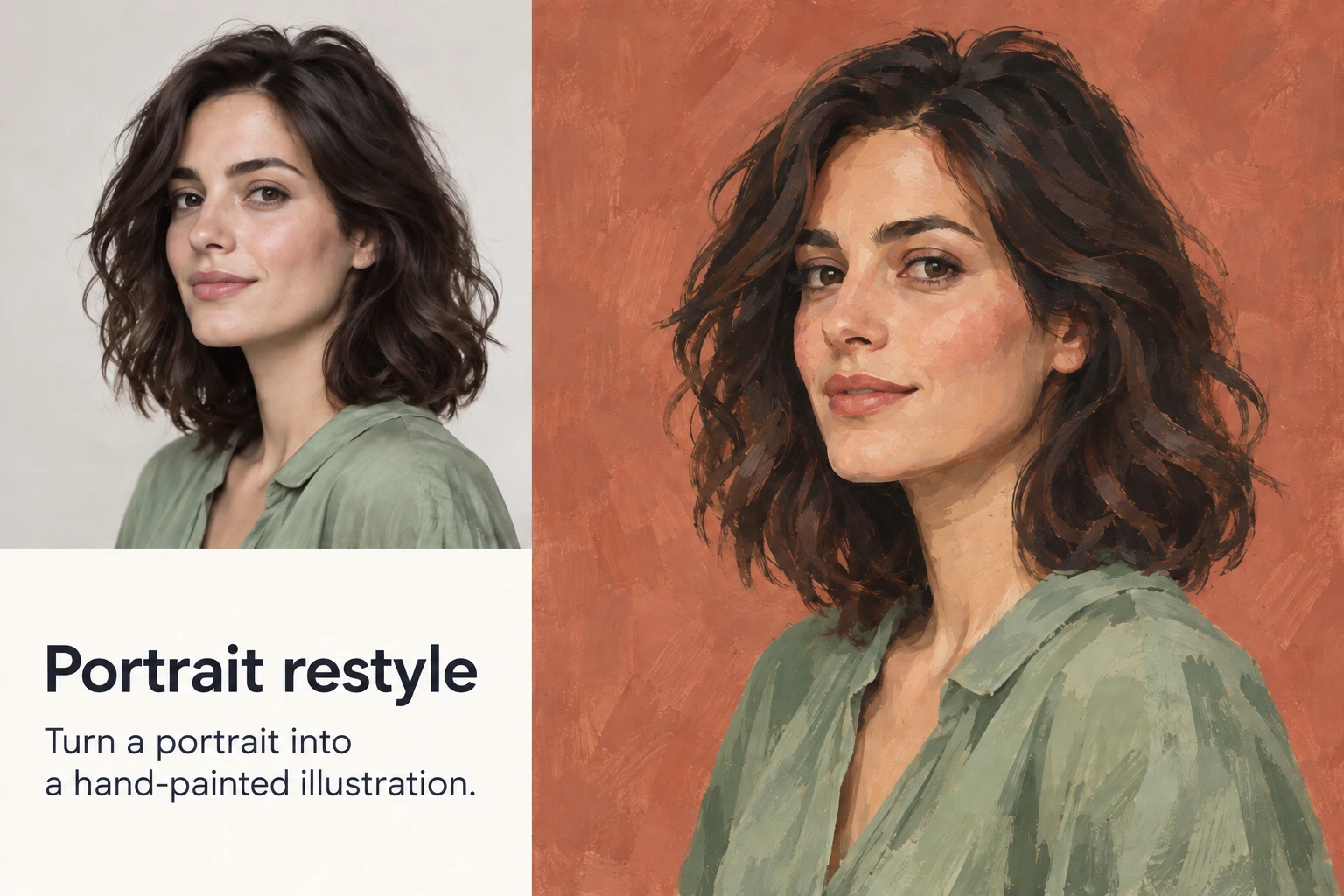 Portrait restyle. A portrait becomes a hand-painted illustration. Original / Result