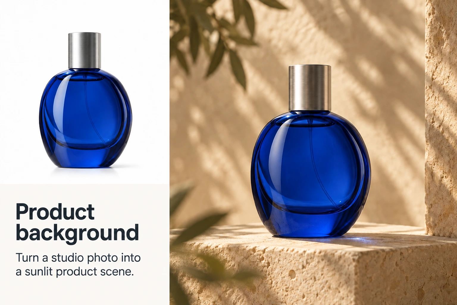 Product background. A studio shot becomes a sunlit product scene. Original / Result
