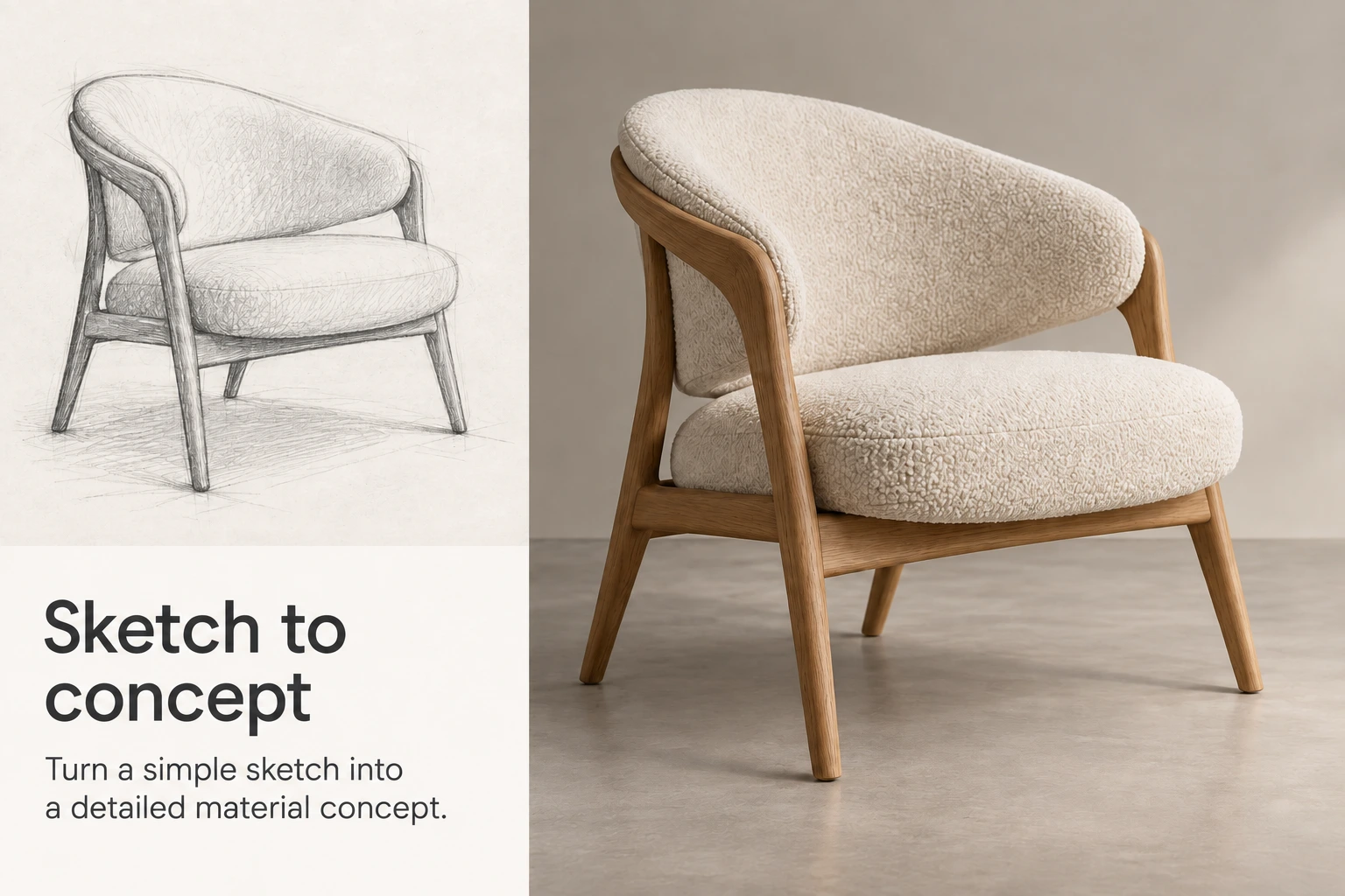 Sketch to concept. A rough sketch becomes a detailed material concept. Original / Result